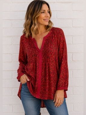 Lucky Brand Red Ikat Boho Tunic Blouse Small Peasant Top